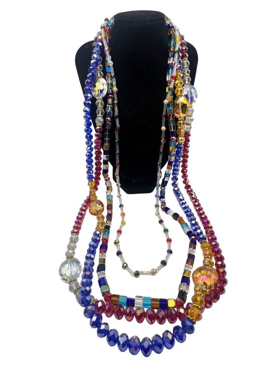 Jewelry - Lot Of 4 Multi-Color Stretch Glass Necklaces 36" & 30" Faceted  Cube Beads Boho
